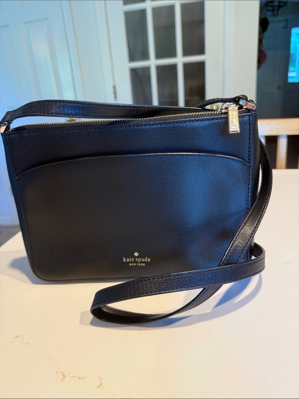 kate spade Black Leather Zip Crossbody with Front Pocket